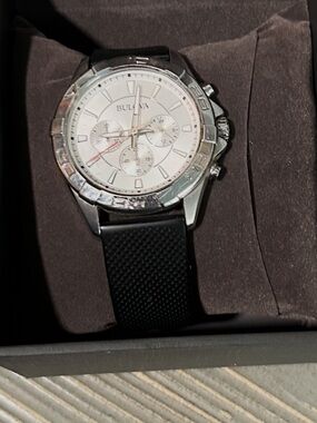 Bulova Silver and White Chronograph with Black Strap - Works (video)